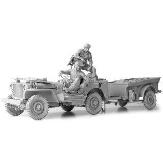 1/16 Bausatz Willys Jeep mit T-3 Anhänger, Fahrer und Schütze